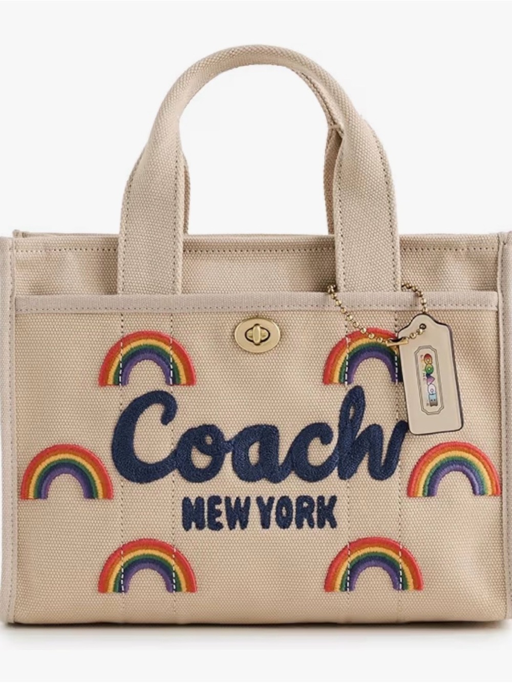 Coach Beige Canvas Tote 26 with Navy Logo and Rainbow Appliqués